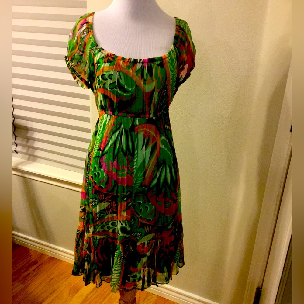 ABS vibrant multi color chiffon dress with satin slip.